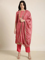 Women Straight Pink Floral Kurta and Trousers Set Comes With Dupatta-GW-3605-Pink