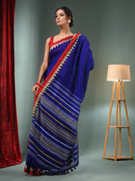 Royal Blue Silk Linen Handwoven Saree With Temple Border-MA50SLN061100099