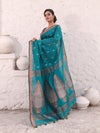 Teal Cotton Saree With Zari Border-MA54BCT041380037