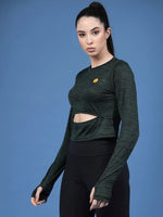 Rigo Solid Full Sleeves Round Neck Slim Fit Women Active Wear Crop Top-WTOP315-1438-L