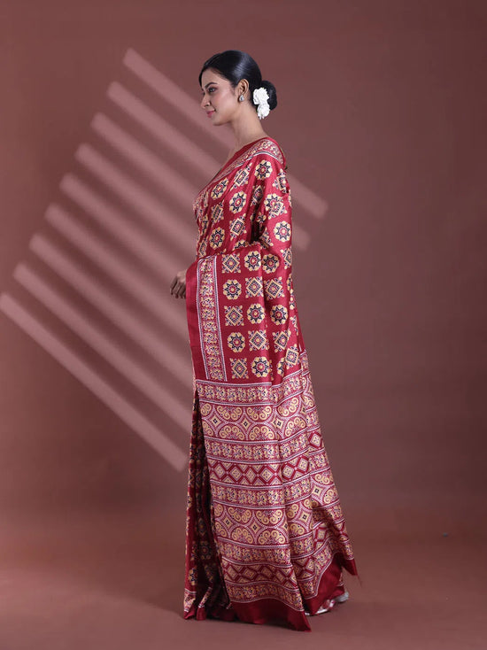 Dark Red Silk Soft Saree With Texture Print-MA60BSL01400036