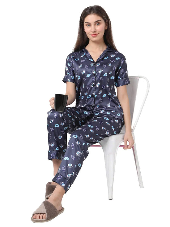 Smarty Pants Women's Silk Satin Blue Color Evil Eye Print Night Suit