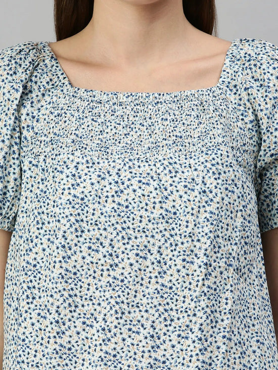 Women's White Printed Tops-ON-01-Whiteblue