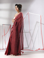 Dark Red Cotton Saree With Check Designs-MA55CT06520136