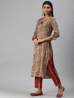 Women's Beige Printed Kurta Sets-FS2365-Beige