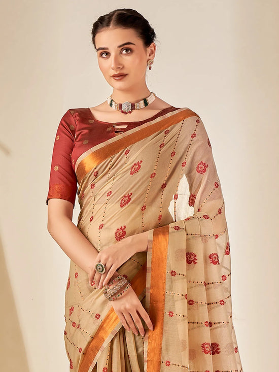 Saree Mall Women's Cotton Blend Beige Woven Design Designer Saree With Blouse Piece-MYSHA82303