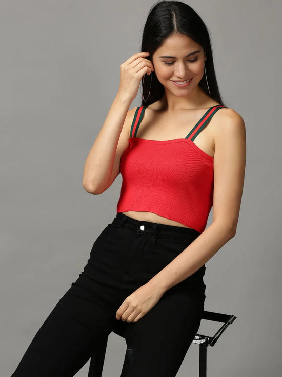 Women's Red Solid Fitted Crop Top-GF-2381-Red