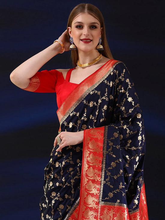 Saree Mall Women's  Blend Navy Blue Woven Design Designer Saree With Blouse Piece-SGITRIUS03G