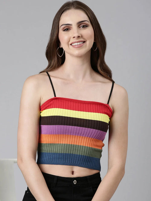 Shoulder Straps Colourblocked Sleeveless Multi Crop Tank Top-JD-9371-Multi