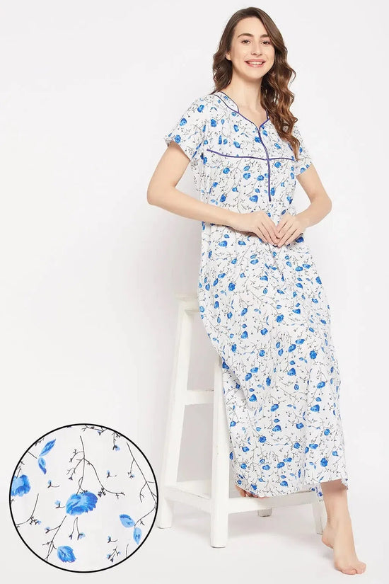 Clovia Pretty Florals Long Night Dress in White - 100% Cotton