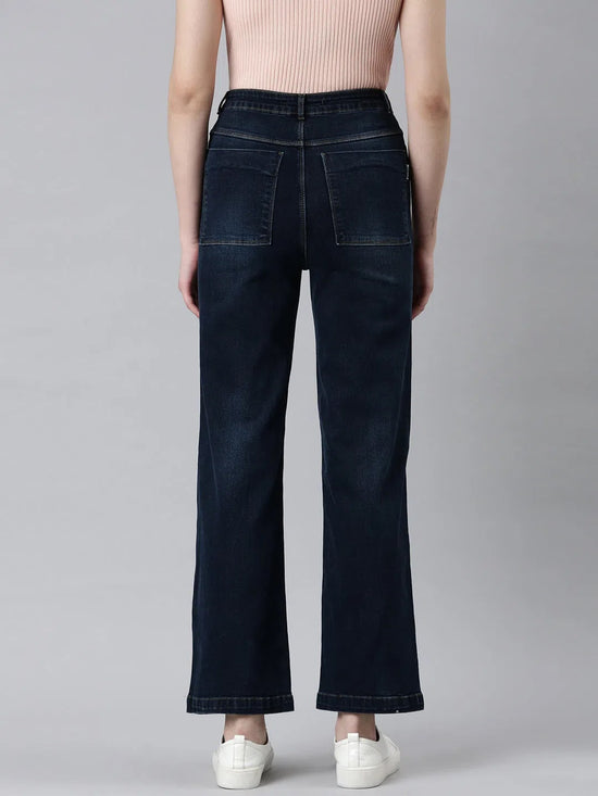 Women Navy Blue Solid Wide Leg Denim Jeans-IM-10479-1-Navyblue