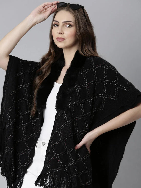 Women Black Self Design Poncho-CHN-9942-Black