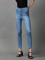 Women's Blue Solid Slim Fit Denim Jeans-GZ-5214-1-Blue