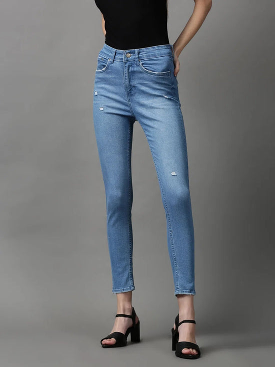 Women's Blue Solid Slim Fit Denim Jeans-GZ-5214-1-Blue