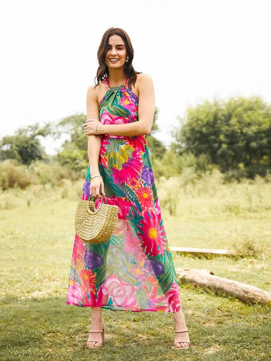 Neck tie up maxi dress in Pink and Green Print