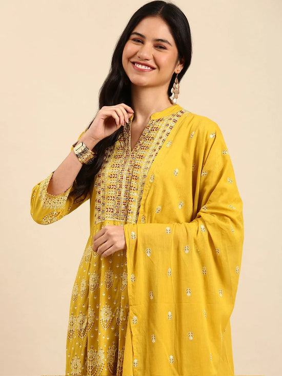 Women's Mustard Printed Kurta Set-BCSK-1480-Mustard