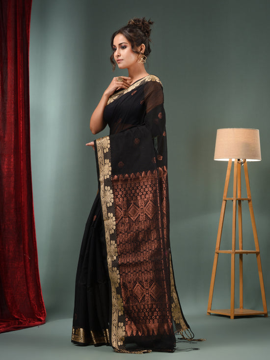 Black Cotton Blend Handwoven Saree With Woven Zari Border-MA50BCT061100034