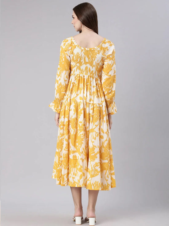 Women Mustard Floral Empire Dress-ON-007-Mustard