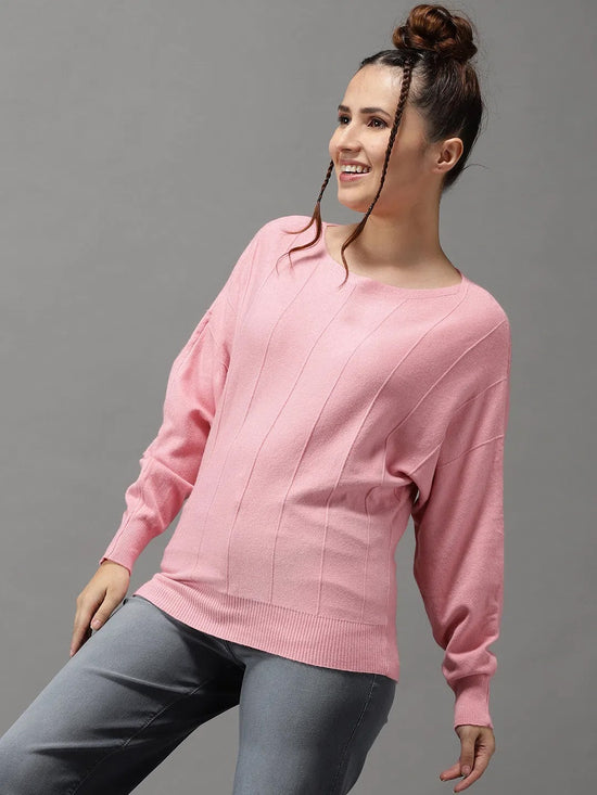 Women's Pink Solid Pullover Sweater-BLR-019-Pink