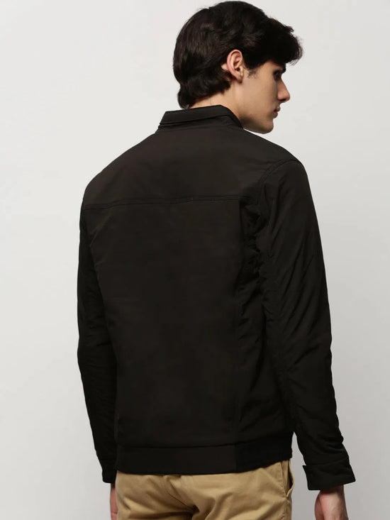 Men Black Solid Casual Bomber Jackets-ZD-3702-Black