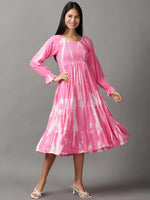 Women's Pink Tie Dye Fit and Flare Dress-ON-9-Pink