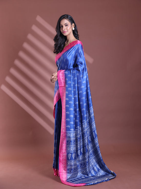 Blue Silk Soft Saree With Paisley Print-MA60BSL01400040