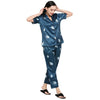 Smarty Pants Women's Silk Satin Teal Blue Color Baby Elephant Printed Night Suit