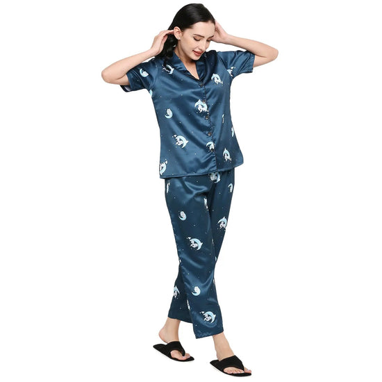 Smarty Pants Women's Silk Satin Teal Blue Color Baby Elephant Printed Night Suit