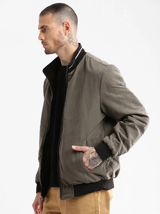 Men Mandarin Collar Olive Solid Bomber Over sized Reversible Jacket-AMG-06-Olive