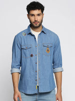 Men Blue Spread Collar Solid Oversized Shirt-SPACEDENIM-4912A-Blue