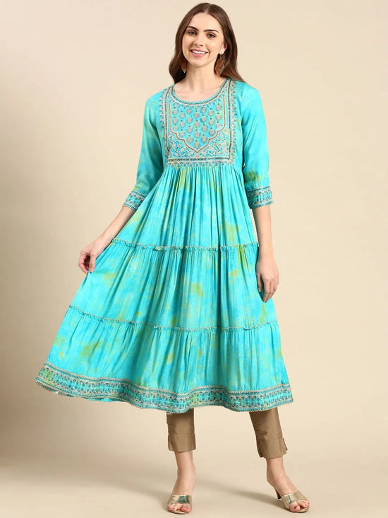 Women's Turquoise Blue Tie Dye Anarkali Kurta-GW-3273-Turquoiseblue