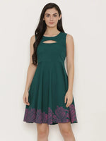 Front cut out skater dress with printed Hem in Forest Green