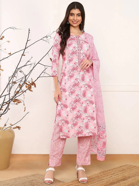 Ahika Women Pink Poly Rayon Floral Printed Straight Kurta Trouser With Dupatta-PKSKD2567PNK