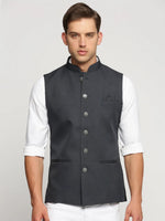 Men Charcoal Mandarin Collar Solid Nehru Jacket-AK-12527-20-Charcoal