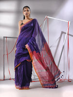 Blue Cotton Saree With Stripes Zari Pallu-MA55CT06520099