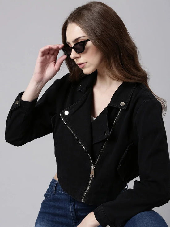 Women Black Solid Denim Jacket-CHN-9862-Black