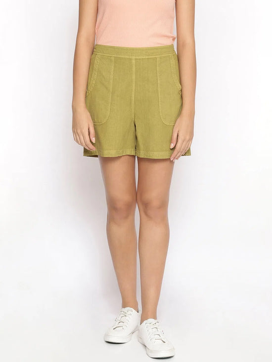 Cotton Washed Shorts in Olive Green