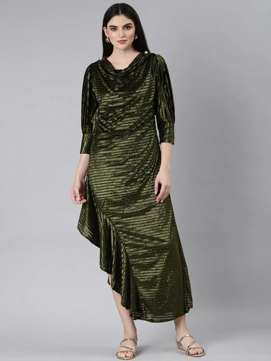 Women Olive Striped Gown Dress-8I-10008-Olive