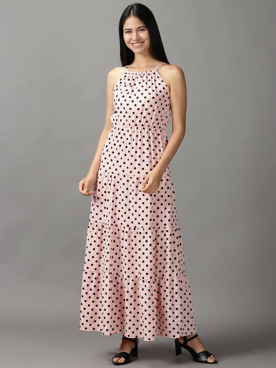 Women's Pink Polka Dots Fit and Flare Dress-AE-15655-Pink