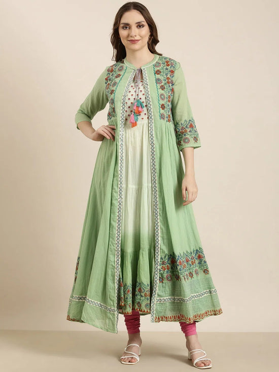 Women Anarkali Green Floral Kurta Comes With Overcoat-RF-2136-Green