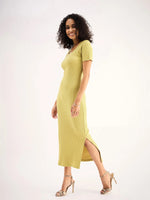 Women Khaki Rib Square Neck Midi Dress