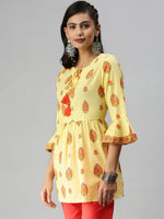 Women's Yellow Printed A-Line Kurti-DW-8745-Yellow