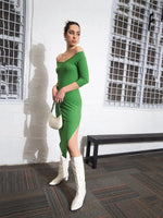 Women Green Rib Off-Shoulder Bodycon Dress