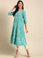 Women's Turquoise Blue Printed Anarkali Kurta-DF-1360-Turquoiseblue