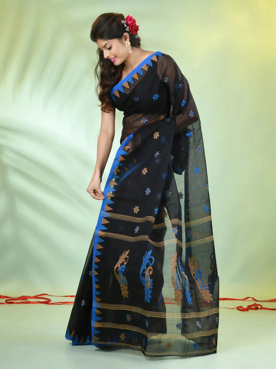 Black Cotton Saree With Temple Borders-MA66CT43830050