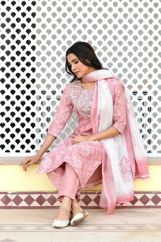 Vaasva Women Pink Tissue Linen Embroidered Solid Kurta Set With Solid Pants & Printed Dupatta-143-Vaas-Pink