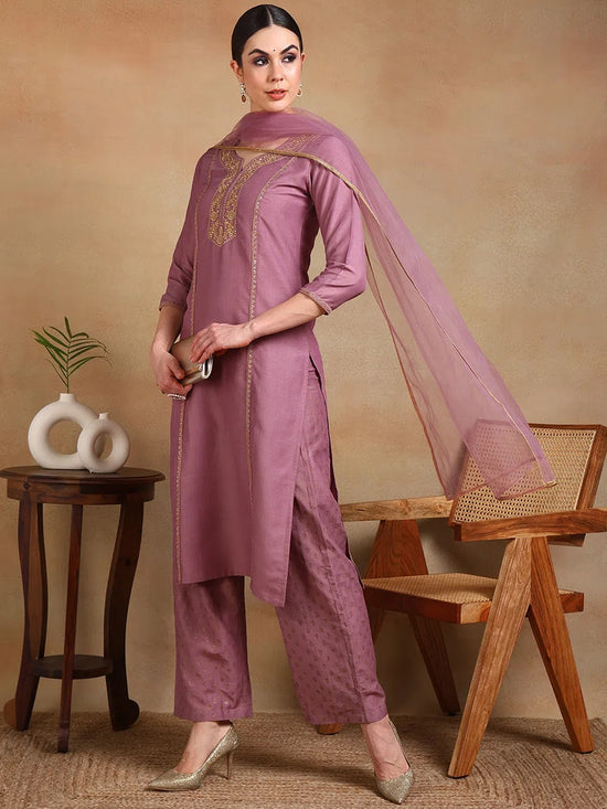 Ahika Women Mauve Silk Blend Embroidered Straight Kurta Palazzo Set With Dupatta