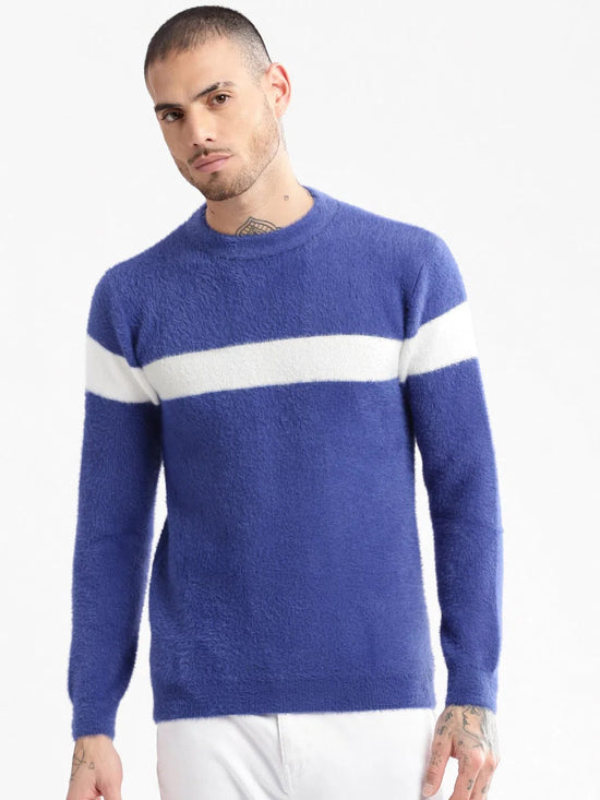 Men Round Neck Solid Blue Pullover-CH002-Blue