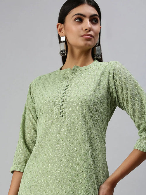 Women's Green Embroidered Straight Kurta-SKC3208-Green