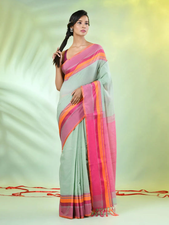 Pistachio Green Cotton Saree With Temple Borders-MA66CT43640008